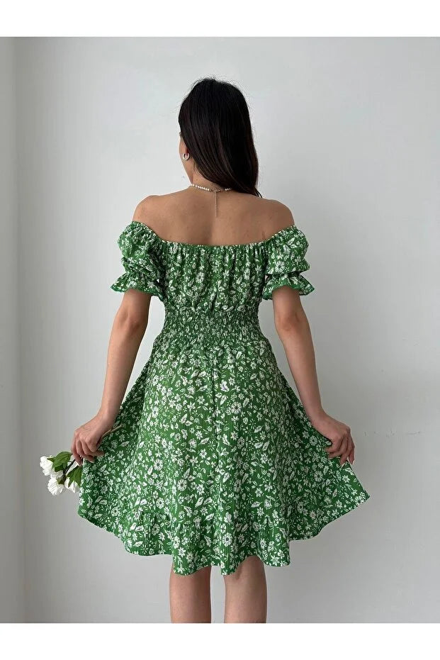 Kayık Yaka Büzgü Detaylı Mini Elbise - Yeşil