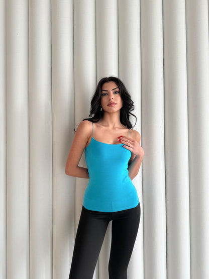 Kadın İp Askılı Uzun Crop - Mavi