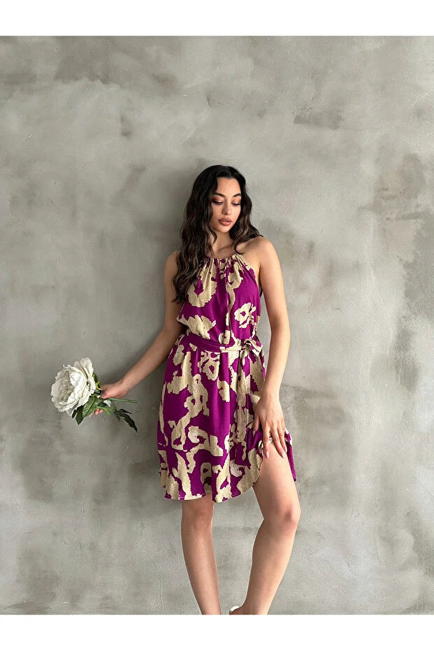 Kadın Mürdüm Bej Desenli Halter Yaka Kuşaklı Yazlık Elbise