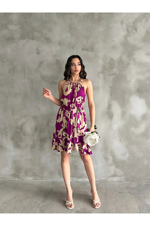 Kadın Mürdüm Bej Desenli Halter Yaka Kuşaklı Yazlık Elbise