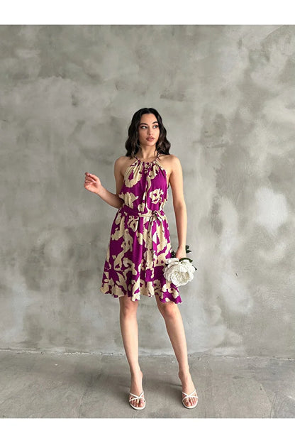 Kadın Mürdüm Bej Desenli Halter Yaka Kuşaklı Yazlık Elbise