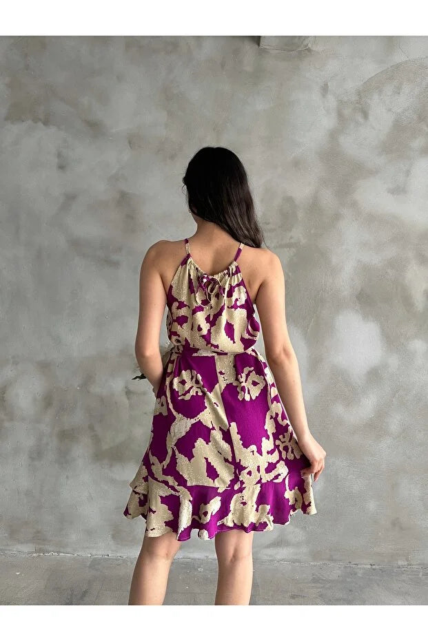 Kadın Mürdüm Bej Desenli Halter Yaka Kuşaklı Yazlık Elbise