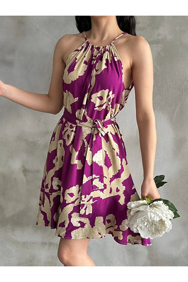 Kadın Mürdüm Bej Desenli Halter Yaka Kuşaklı Yazlık Elbise