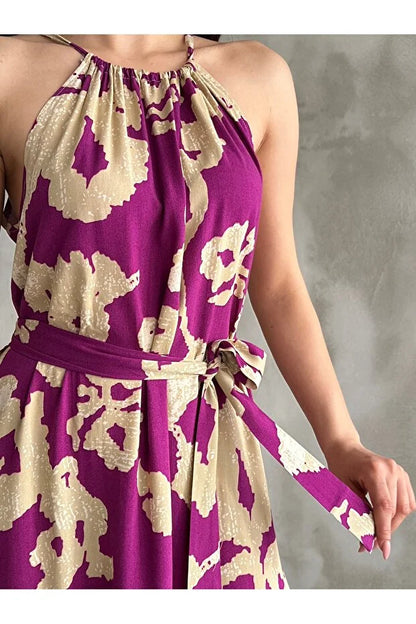 Kadın Mürdüm Bej Desenli Halter Yaka Kuşaklı Yazlık Elbise