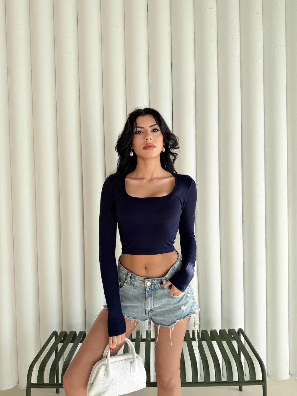 Kadın Kare Yaka Uzun Kol Bluz - Lacivert