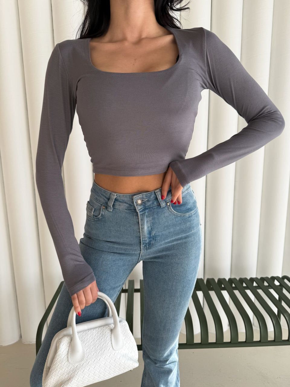 Kadın Kare Yaka Uzun Kol Bluz - Gri