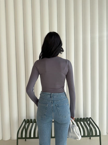 Kadın Kare Yaka Uzun Kol Bluz - Gri