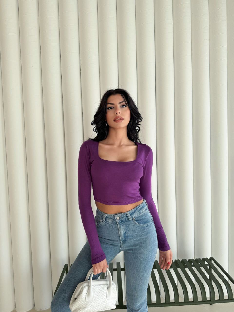 Kadın Kare Yaka Uzun Kol Bluz - Mor