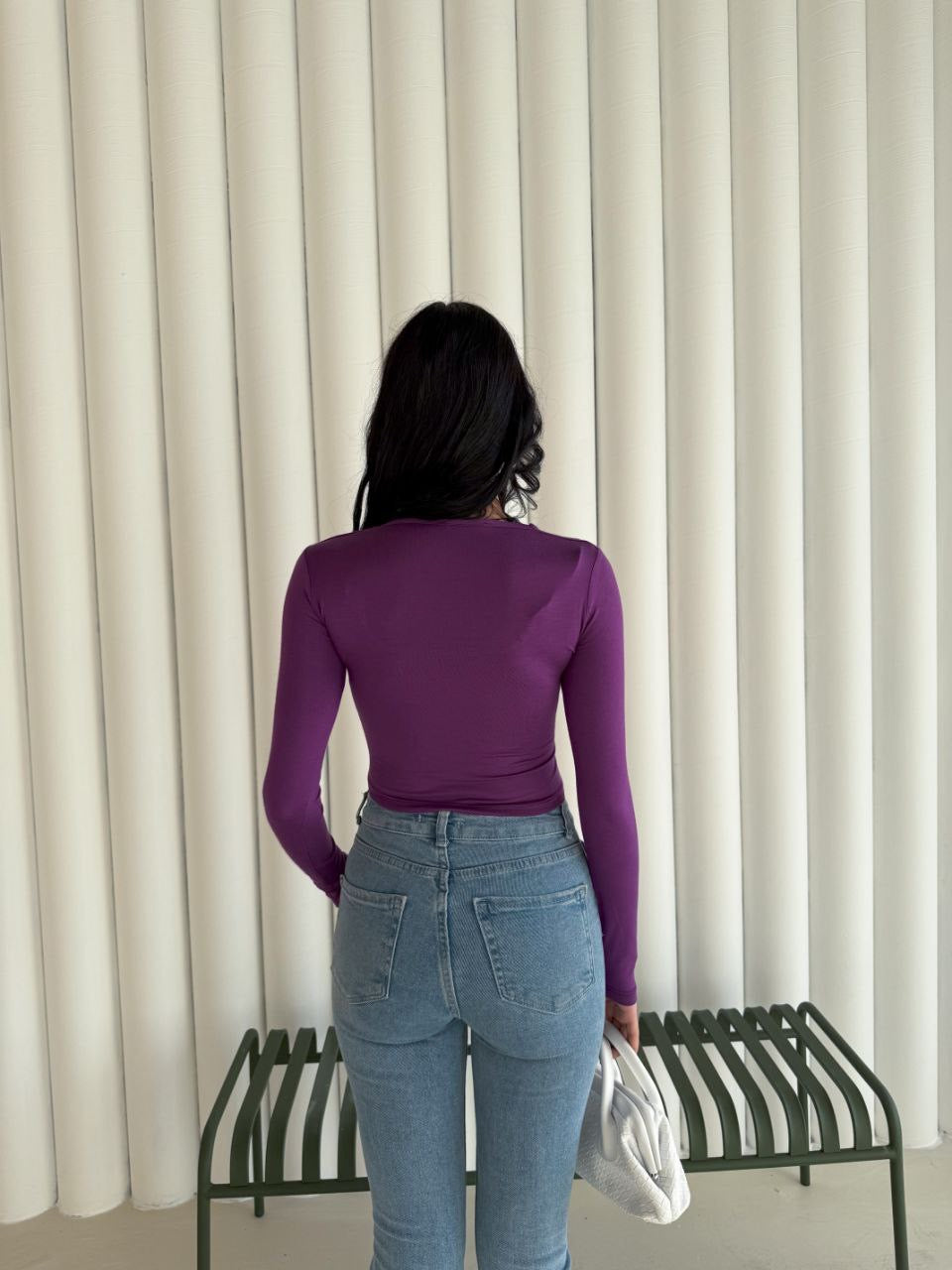 Kadın Kare Yaka Uzun Kol Bluz - Mor