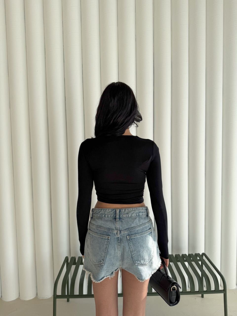 Kadın Kare Yaka Uzun Kol Bluz - Siyah