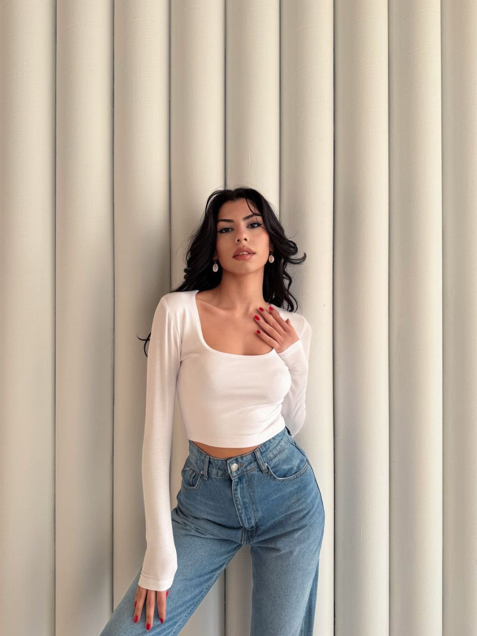 Kadın Kare Yaka Uzun Kol Bluz - Beyaz