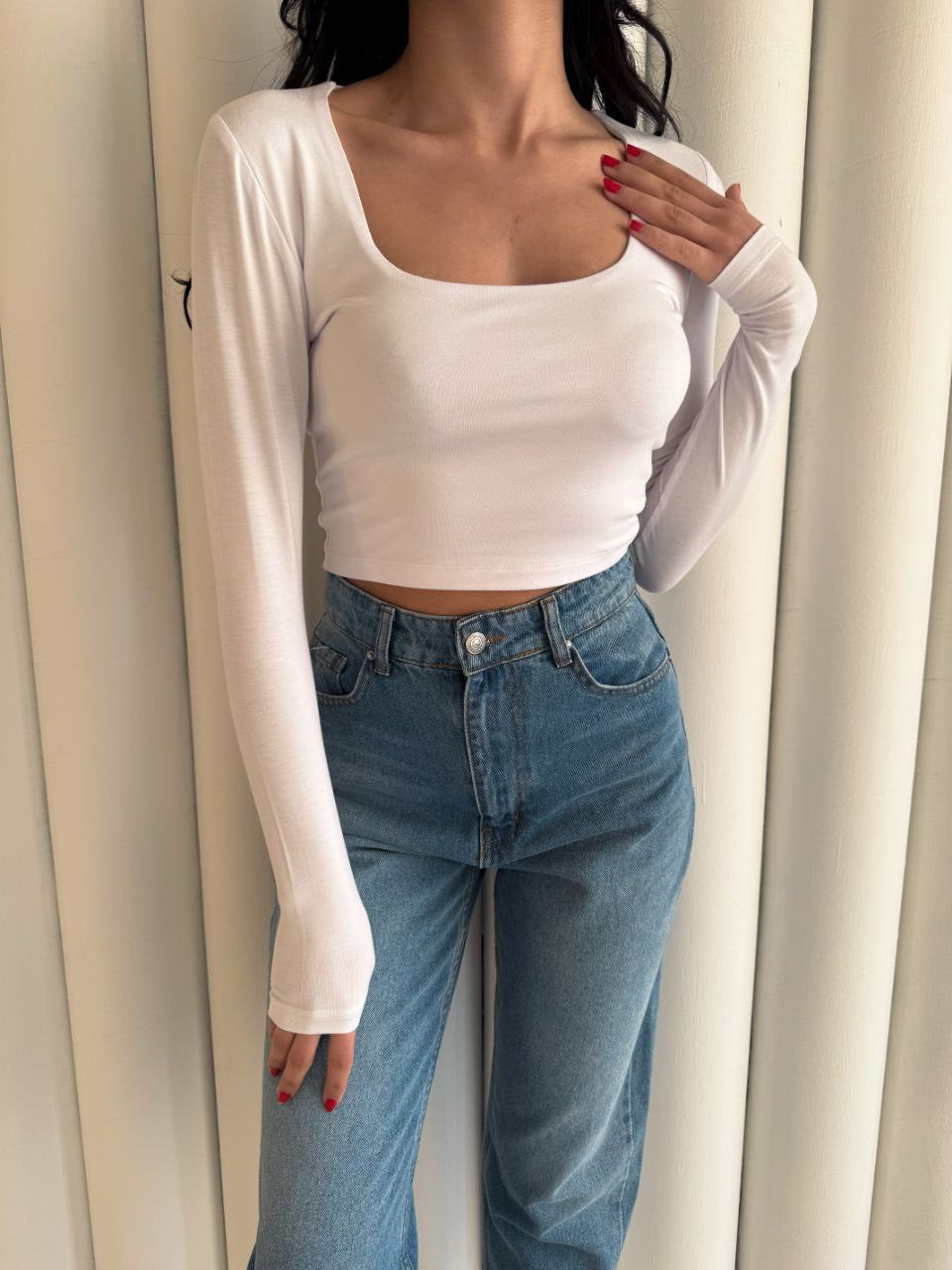 Kadın Kare Yaka Uzun Kol Bluz - Beyaz