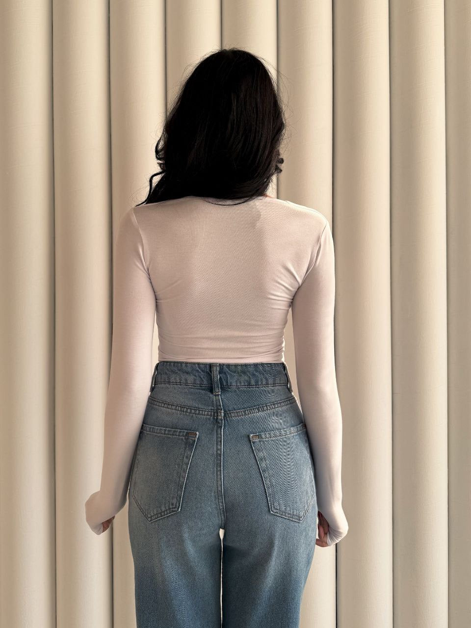 Kadın Kare Yaka Uzun Kol Bluz - Beyaz