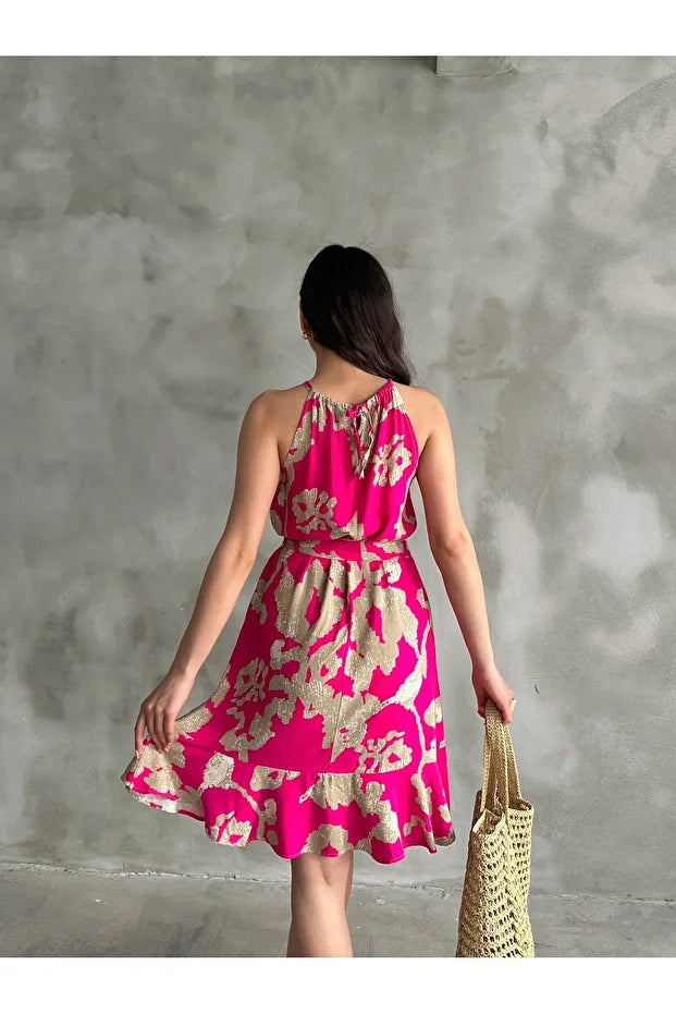 Kadın Pembe Bej Desenli Halter Yaka Kuşaklı Yazlık Elbise