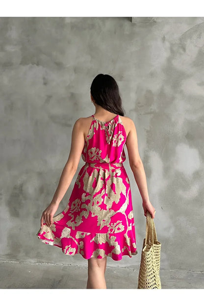 Kadın Pembe Bej Desenli Halter Yaka Kuşaklı Yazlık Elbise