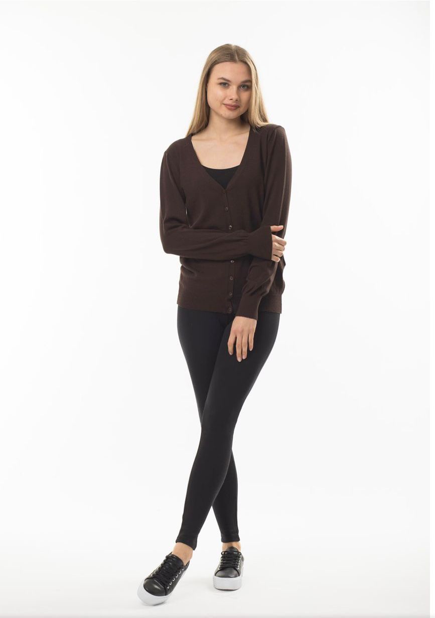 Kahverengi V Yaka Düğmeli Basic Triko Kadın Hırka