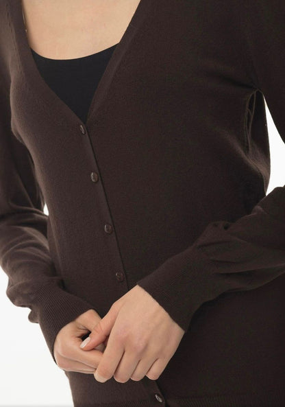 Kahverengi V Yaka Düğmeli Basic Triko Kadın Hırka