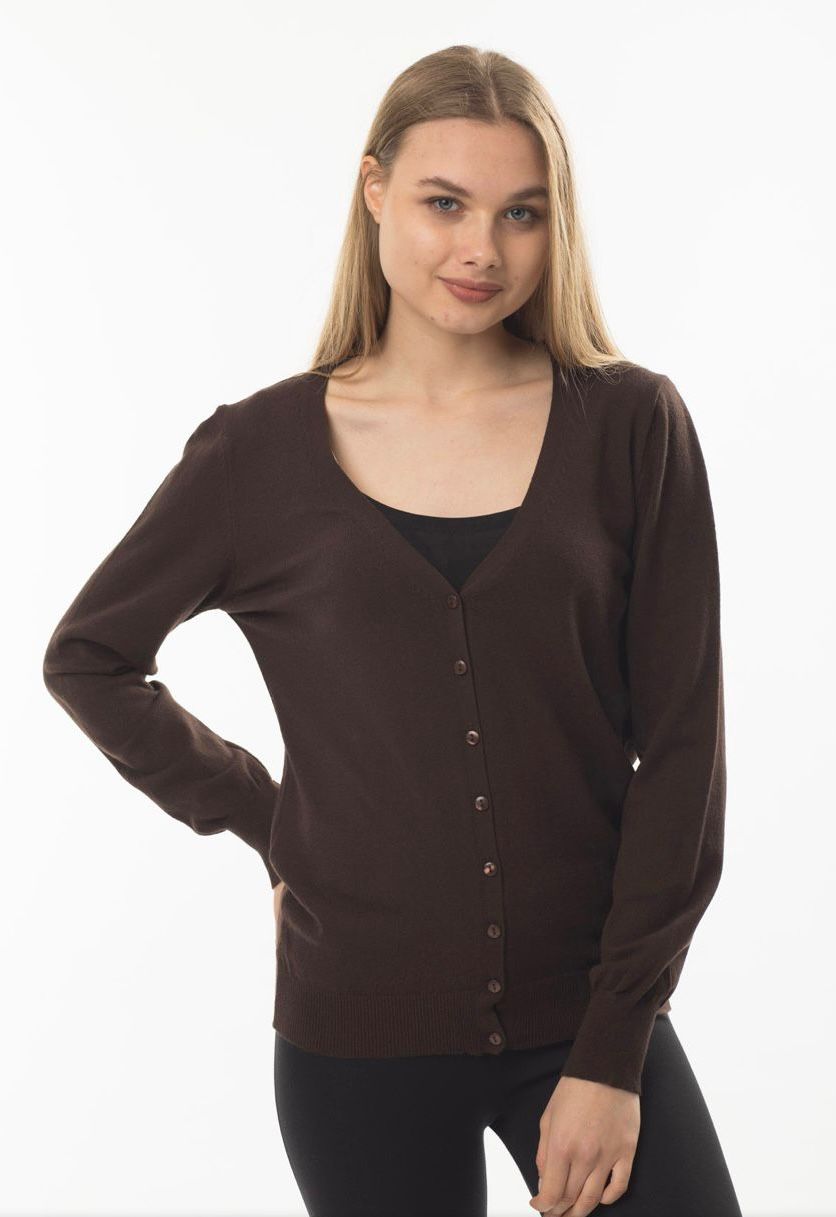 Kahverengi V Yaka Düğmeli Basic Triko Kadın Hırka