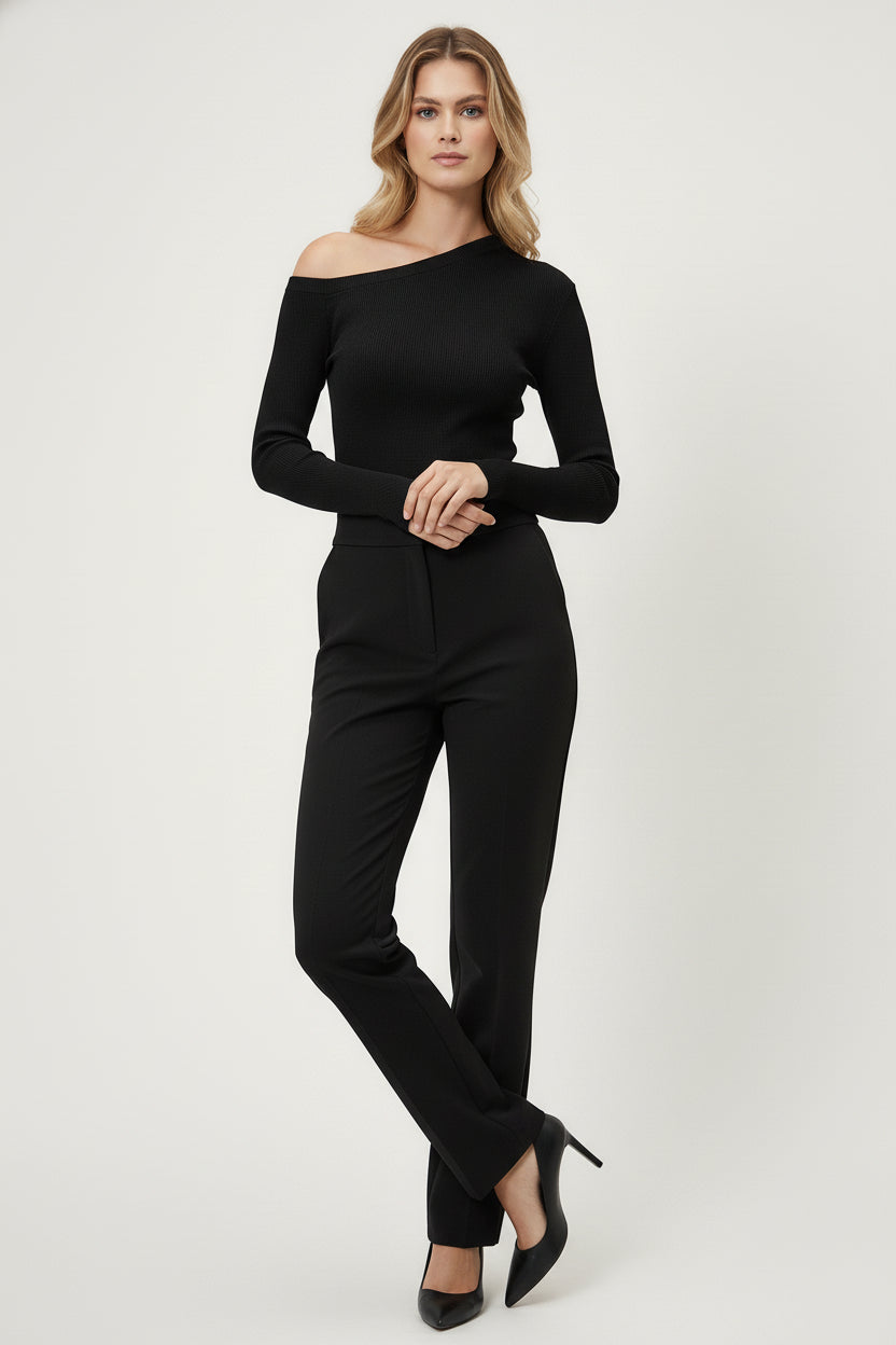 Kayık Yaka Tek Omuzu Açık Kaşkorse Pamuklu Bluz - Siyah