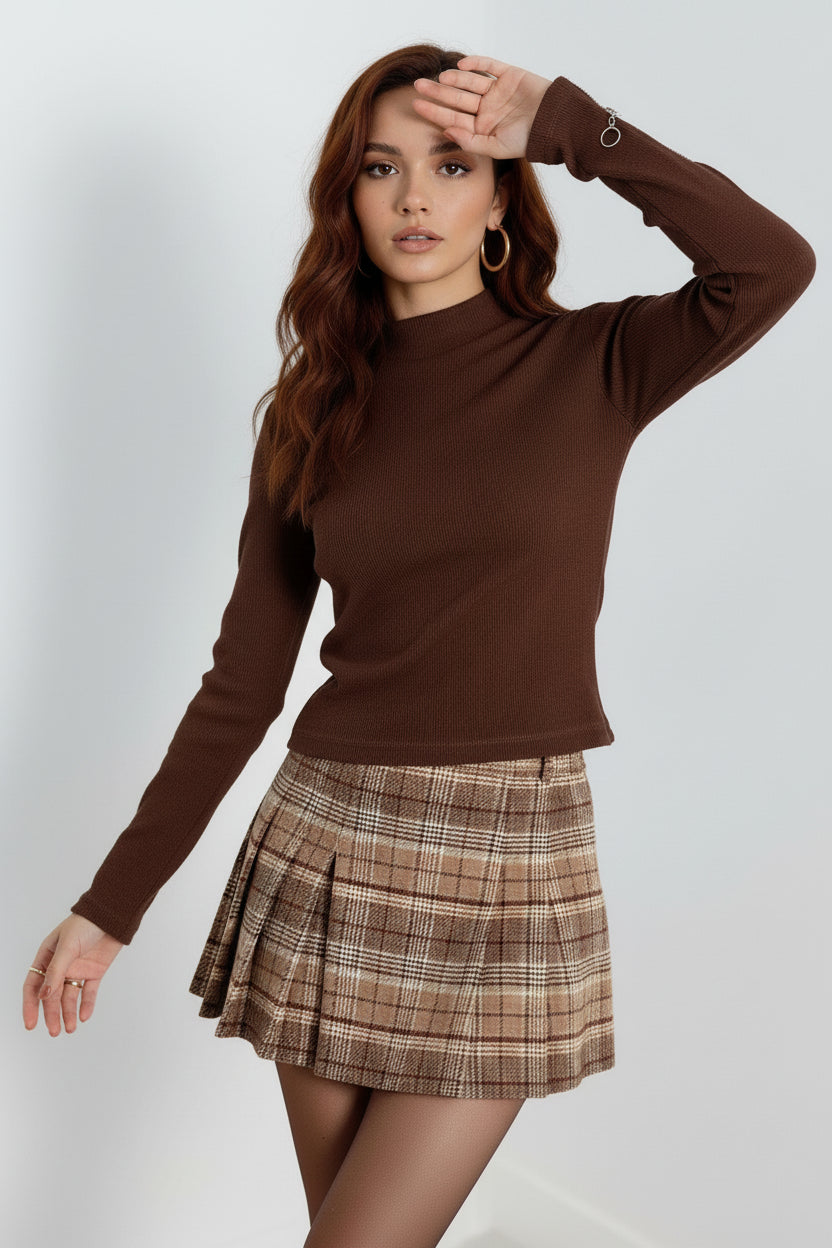 Kaşkorse Kol Fermuarlı Balıkçı Yaka Bluz - Kahverengi