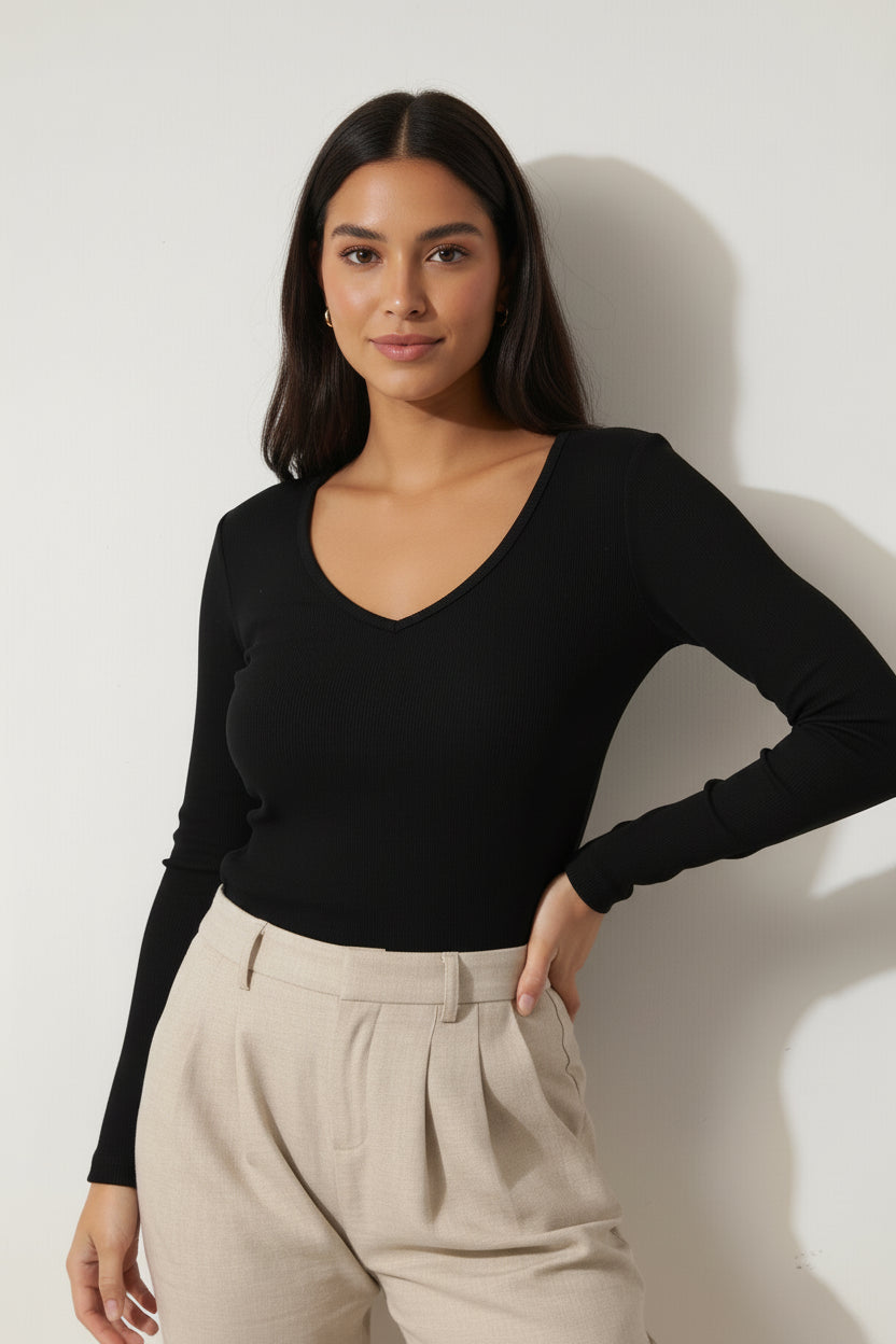 Siyah V Yaka Uzun Kollu Fitilli Kadın Bluz