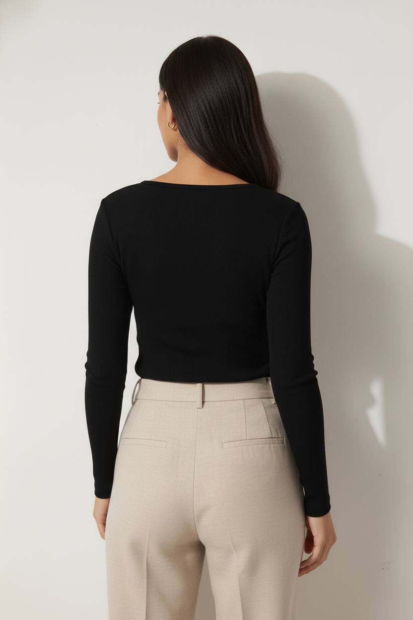 Siyah V Yaka Uzun Kollu Fitilli Kadın Bluz