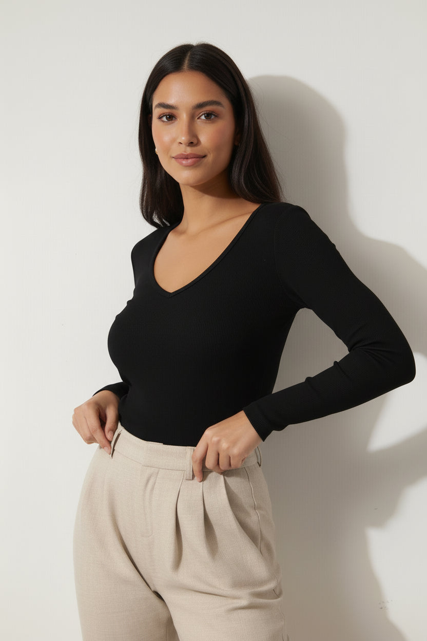 Siyah V Yaka Uzun Kollu Fitilli Kadın Bluz