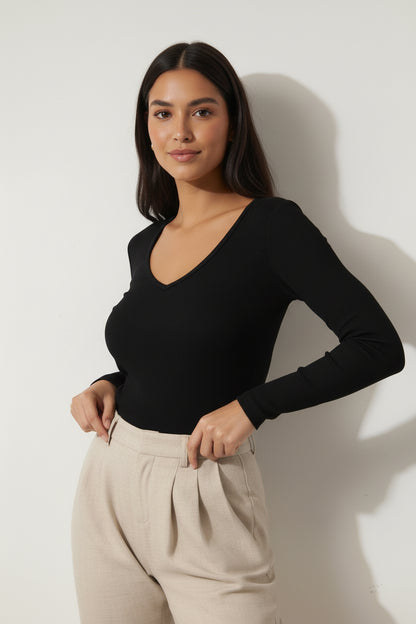 Siyah V Yaka Uzun Kollu Fitilli Kadın Bluz