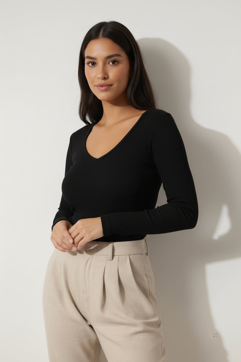 Siyah V Yaka Uzun Kollu Fitilli Kadın Bluz