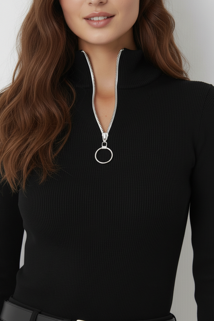 Kaşkorse Fermuarlı Yarım Balıkçı Yaka Bluz - Siyah