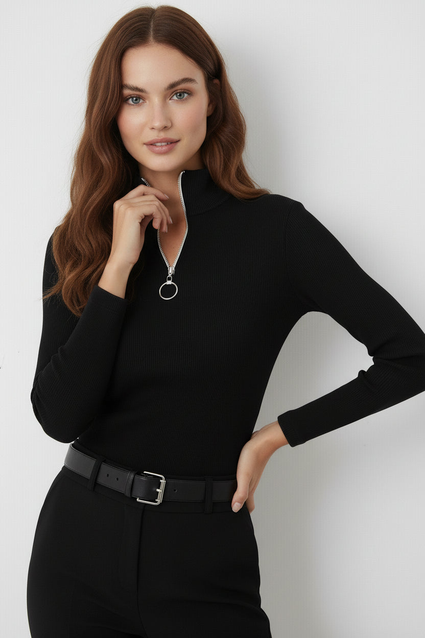 Kaşkorse Fermuarlı Yarım Balıkçı Yaka Bluz - Siyah