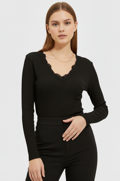 Önü ve Arkası V Yaka Dantel Detaylı Kaşkorse Pamuklu Uzun Kollu Bluz - Siyah