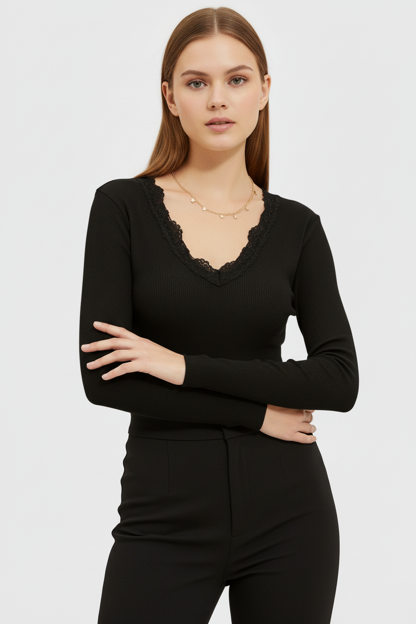 Önü ve Arkası V Yaka Dantel Detaylı Kaşkorse Pamuklu Uzun Kollu Bluz - Siyah
