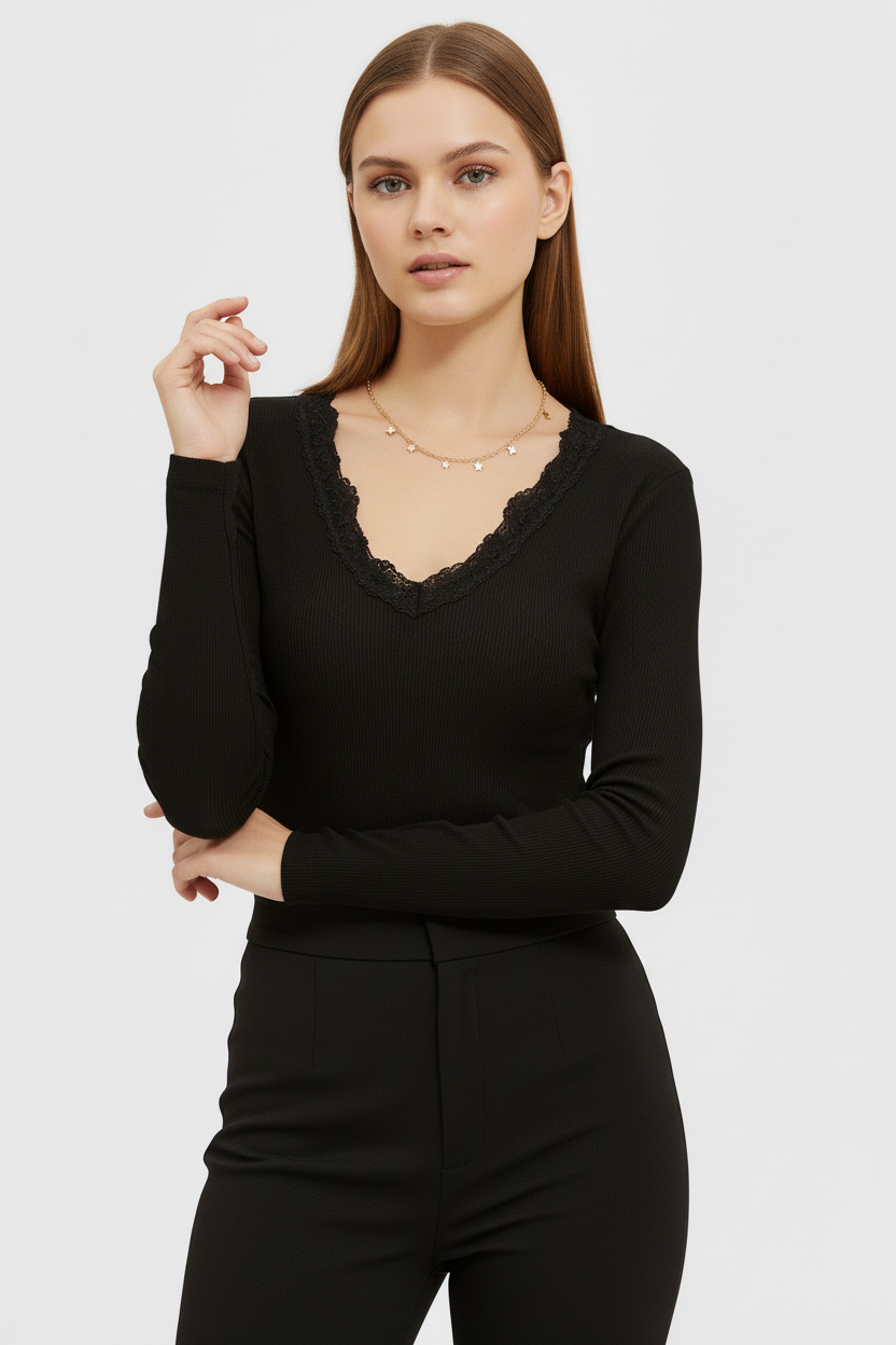 Önü ve Arkası V Yaka Dantel Detaylı Kaşkorse Pamuklu Uzun Kollu Bluz - Siyah