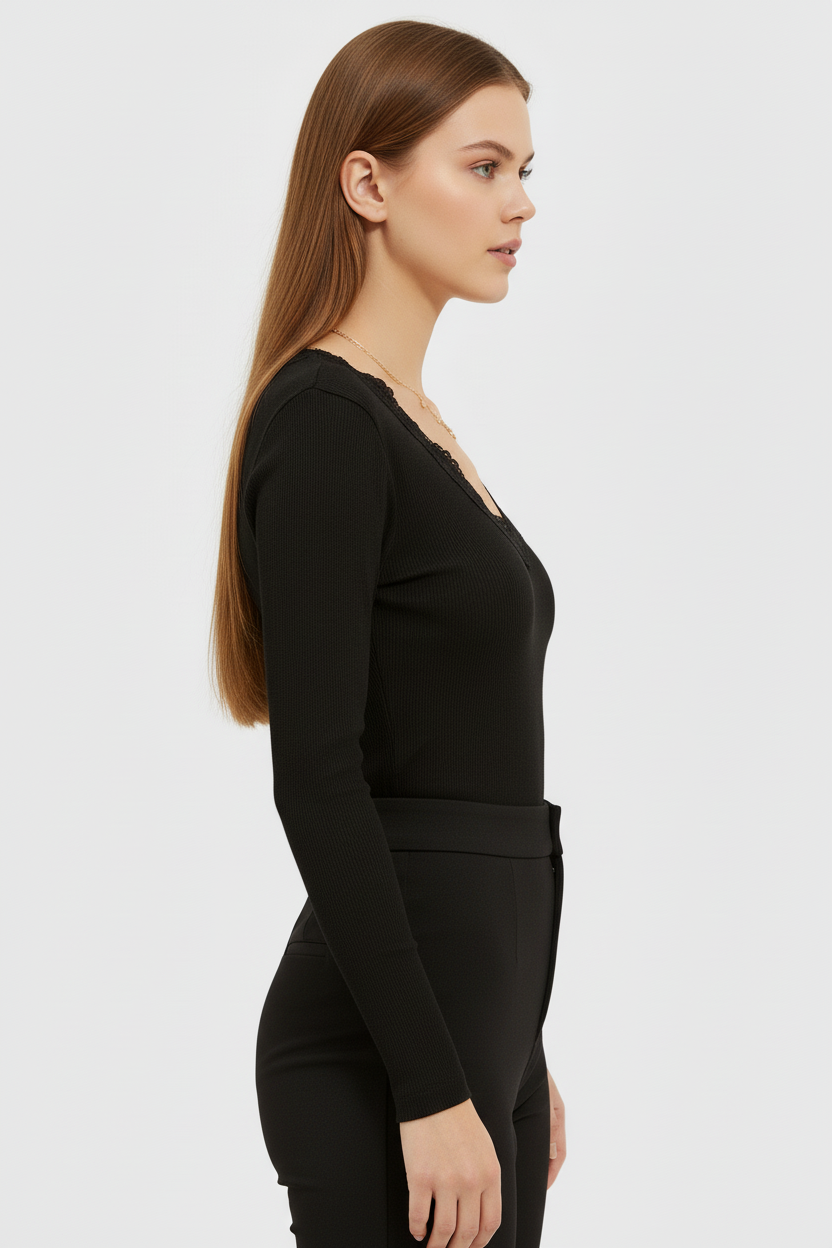 Önü ve Arkası V Yaka Dantel Detaylı Kaşkorse Pamuklu Uzun Kollu Bluz - Siyah