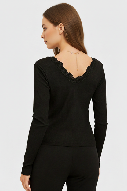 Önü ve Arkası V Yaka Dantel Detaylı Kaşkorse Pamuklu Uzun Kollu Bluz - Siyah