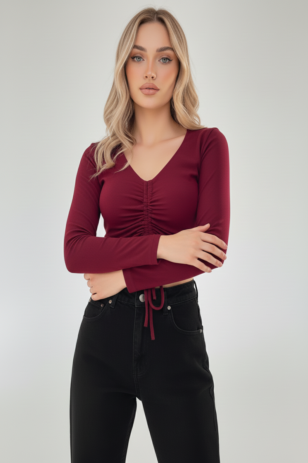 Kaşkorse Büzgülü Crop Bluz - Bordo