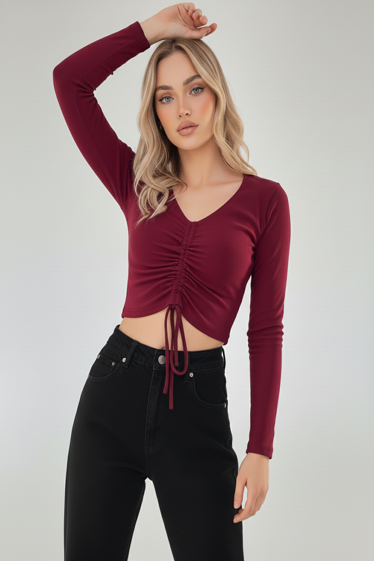 Kaşkorse Büzgülü Crop Bluz - Bordo