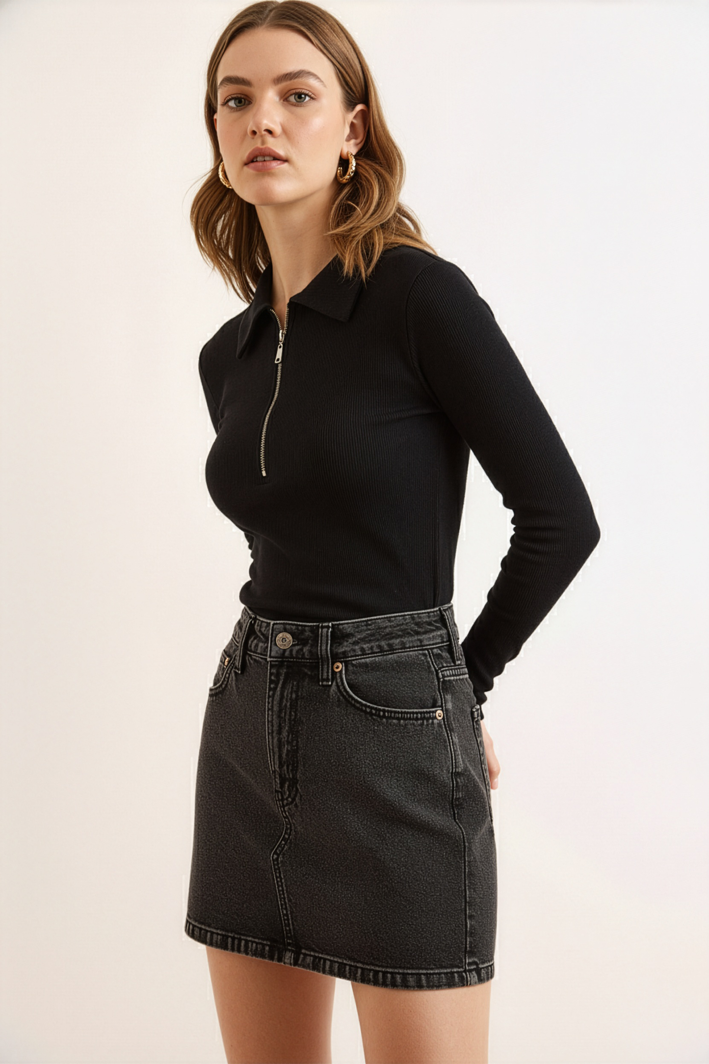 Siyah Fermuarlı Polo Yaka Kaşkorse Pamuklu Bluz