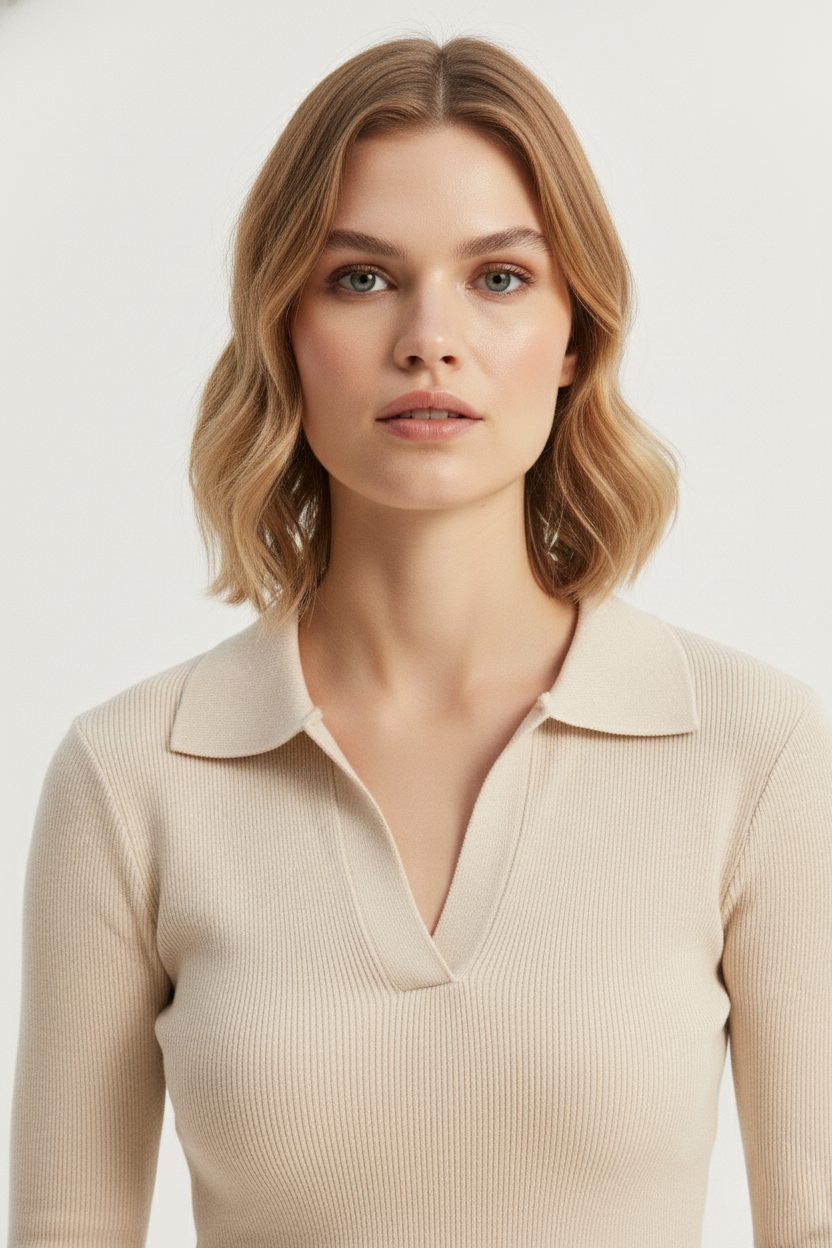 Polo Yaka Kaşkorse Bluz - Krem