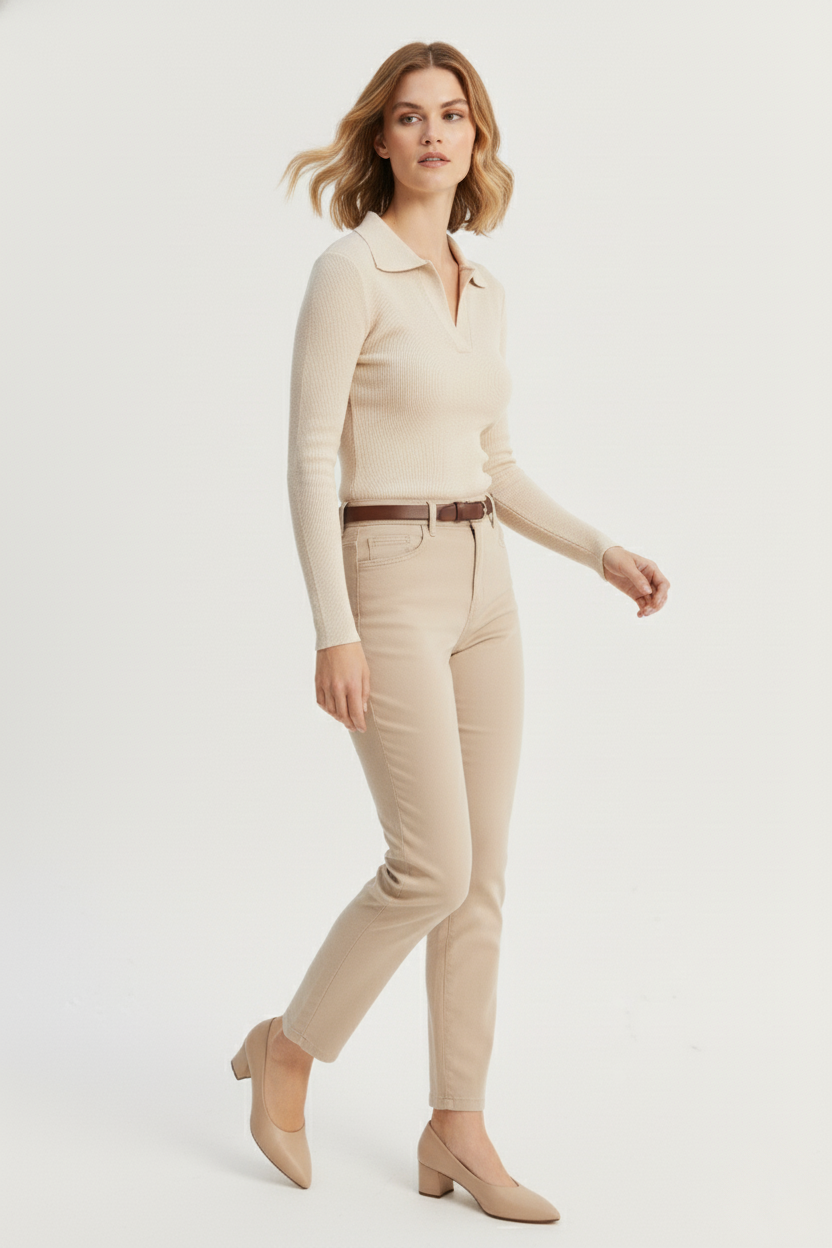 Polo Yaka Kaşkorse Bluz - Krem