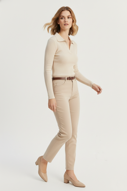 Polo Yaka Kaşkorse Bluz - Krem