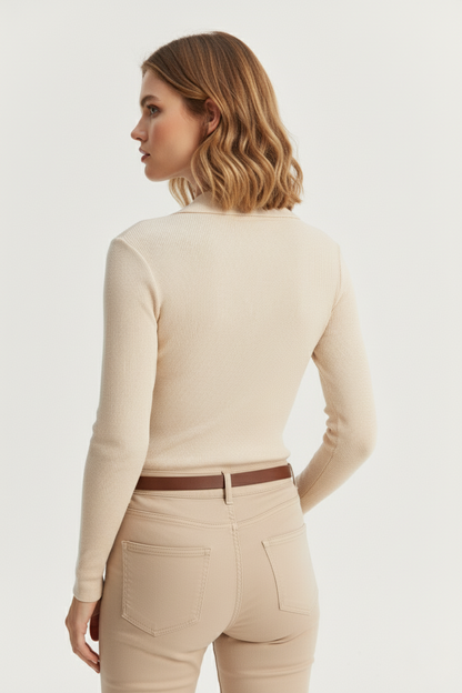 Polo Yaka Kaşkorse Bluz - Krem