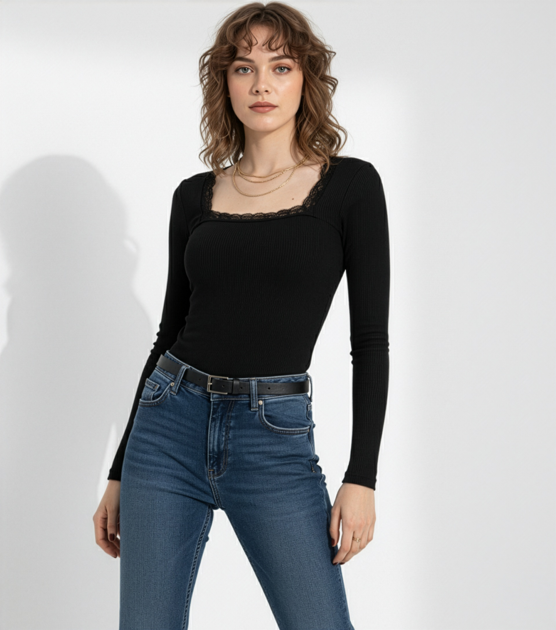 Kare Yaka Dantelli Kaşkorse Bluz - Siyah