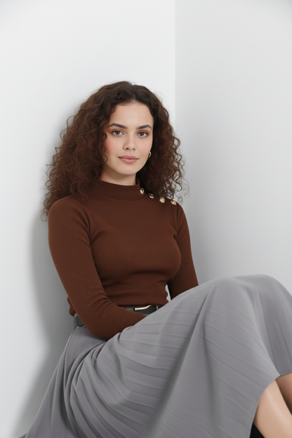 Gold Düğmeli Balıkçı Yaka Fitilli Kaşkorse Bluz -  Açık Kahve