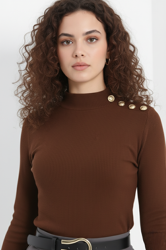 Gold Düğmeli Balıkçı Yaka Fitilli Kaşkorse Bluz -  Açık Kahve