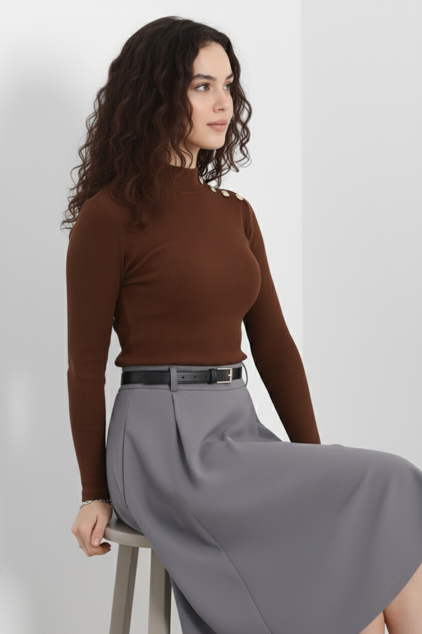 Gold Düğmeli Balıkçı Yaka Fitilli Kaşkorse Bluz -  Açık Kahve