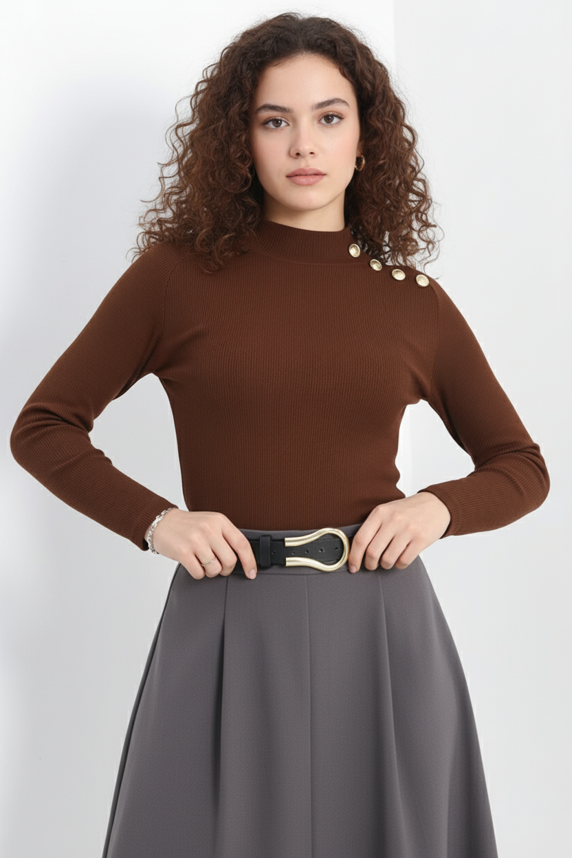 Gold Düğmeli Balıkçı Yaka Fitilli Kaşkorse Bluz -  Açık Kahve