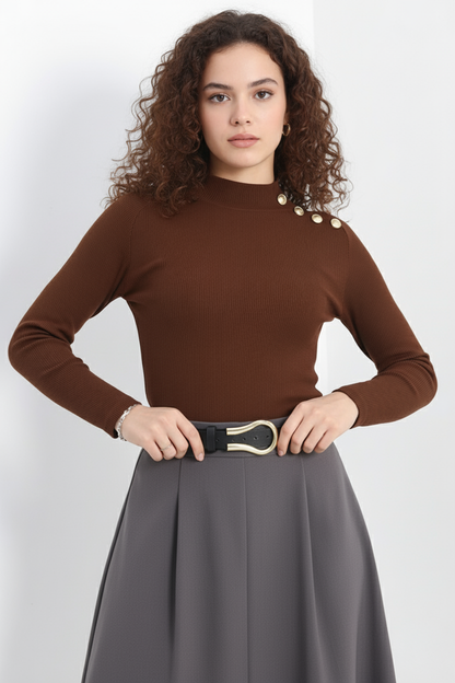 Gold Düğmeli Balıkçı Yaka Fitilli Kaşkorse Bluz -  Açık Kahve