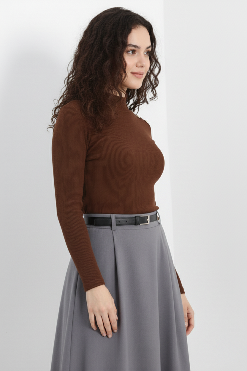 Gold Düğmeli Balıkçı Yaka Fitilli Kaşkorse Bluz -  Açık Kahve